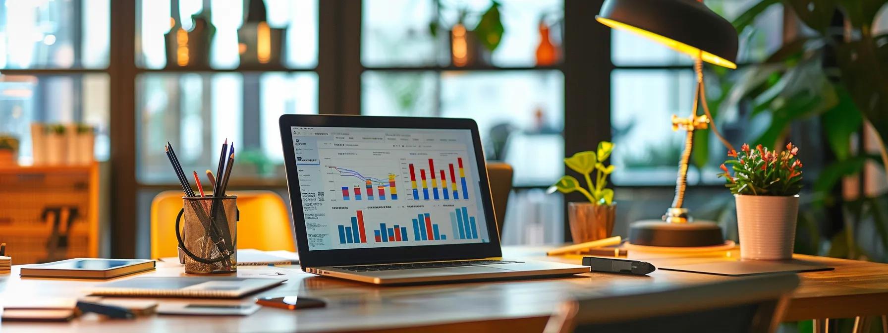 a professional office setting features a sleek, modern desk with an open laptop displaying analytics tools, surrounded by vibrant charts and graphs on a digital screen, symbolizing the strategic pursuit of high-quality dofollow backlink sites.
