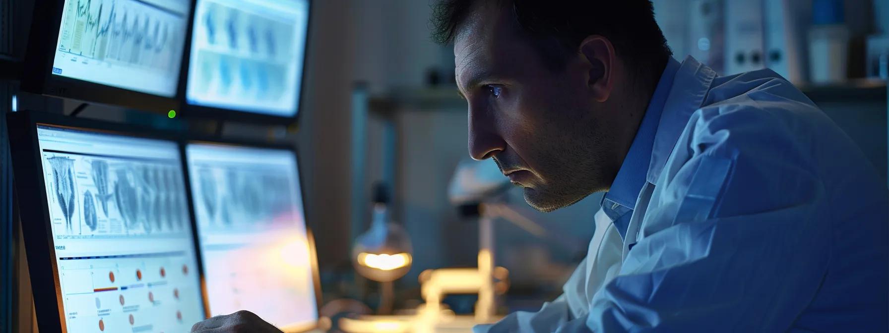 a professional pest control technician in a sterile, dimly lit office examining a detailed infographic on the diseases transmitted by mice and rats, with a confident focus on safety protocols and prevention measures.