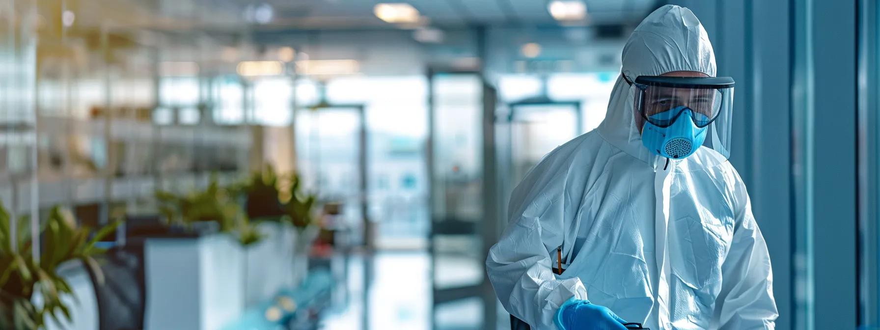 a professional pest control technician, equipped with specialized tools and wearing protective gear, meticulously inspects a modern urban office space, focused on identifying rodent entry points while ensuring a clean and safe environment.