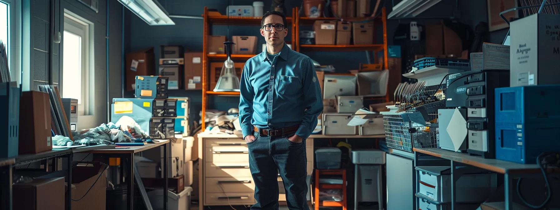 a professional pest control technician stands confidently in an urban office space, analyzing hi-tech inspection equipment while surrounded by strategically placed traps and exclusion materials, showcasing a modern approach to effective mice control services in rhode island.