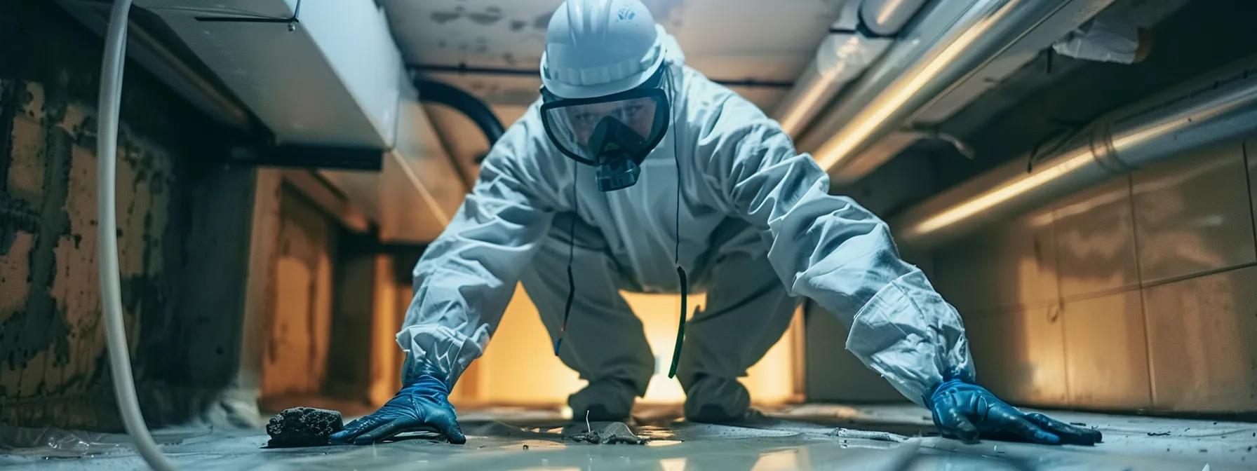 a professional pest control technician, equipped with high-quality tools and wearing a clean uniform, examines a residential property’s basement for signs of rodent infestation during a bright winter day, emphasizing the importance of preventive measures and effective eradication methods.