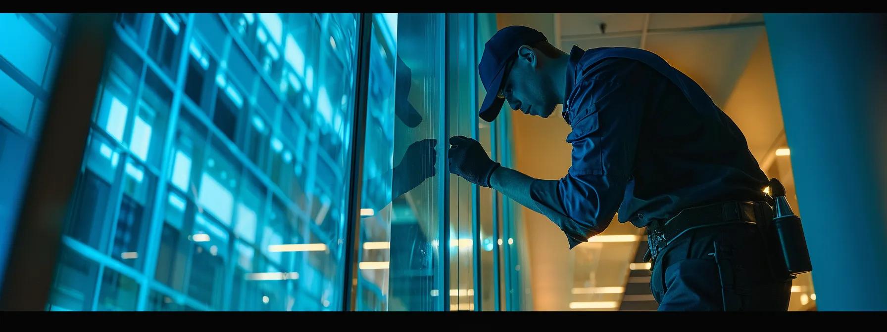 a professional pest control technician inspects a commercial property in a well-lit urban office setting, equipped with high-tech monitoring devices, emphasizing expert solutions for effective mouse control and enhanced property security.