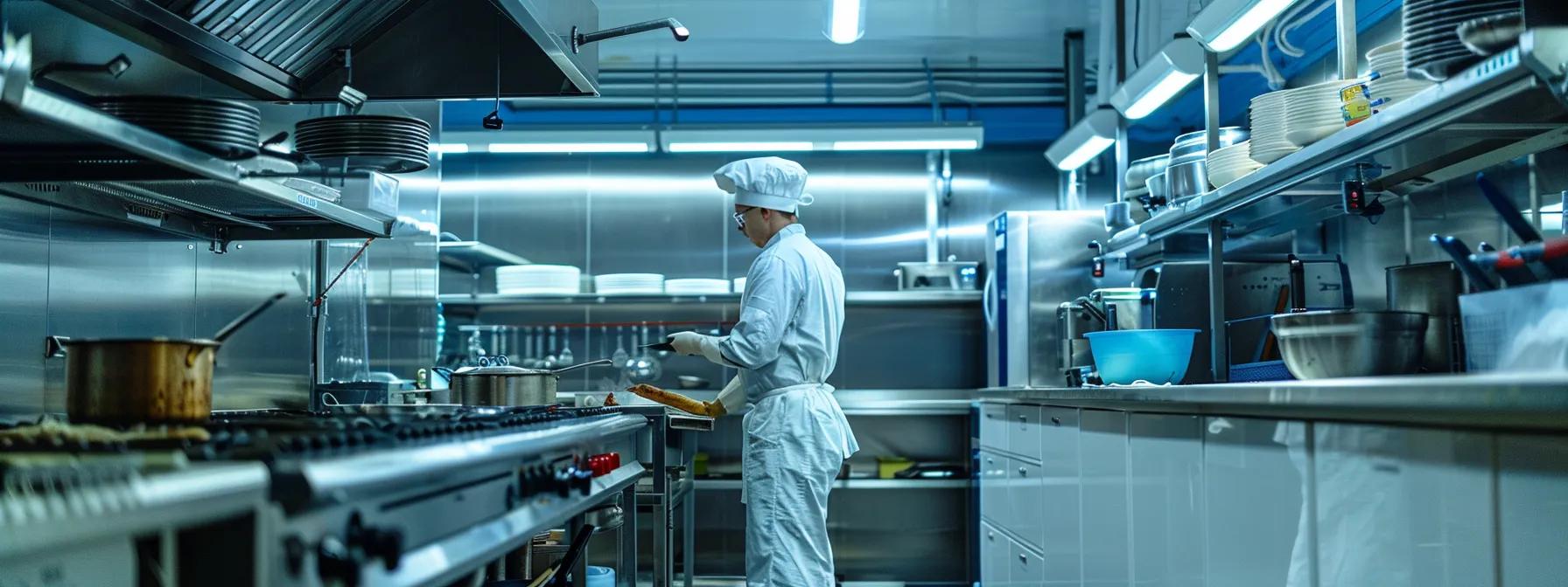 a professional pest control technician inspects a modern commercial kitchen, surrounded by high-tech equipment, meticulously searching for signs of rodent activity while ensuring a safe environment for staff and customers with visible pest control tools and equipment.