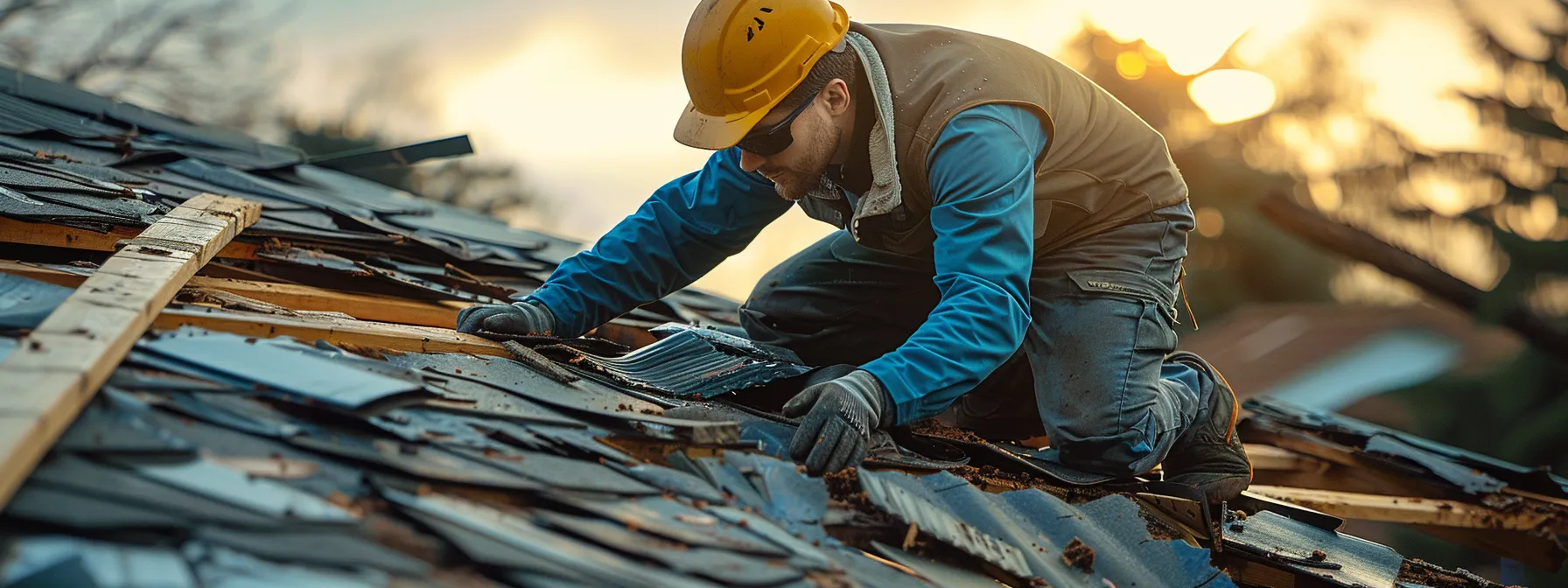a professional roofer examining a severely damaged roof, highlighting the importance of hiring expert roofing services. a professional roofer examining a severely damaged roof, highlighting the importance of hiring expert roofing services.