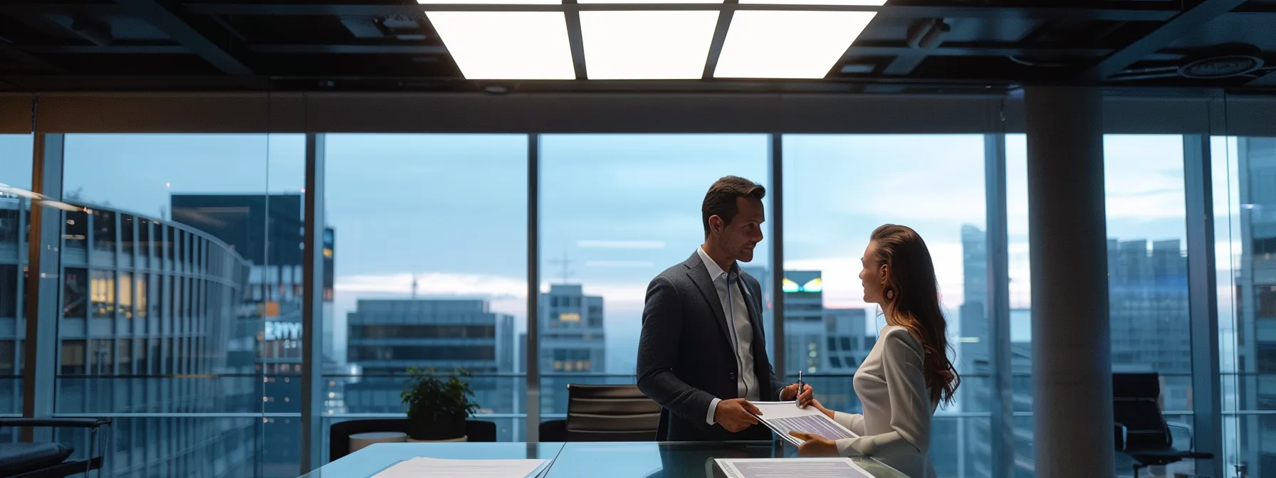 a professional roofing consultation takes place in a modern office, showcasing a confident roofing expert engaging attentively with a client while reviewing clear project estimates and compliance documents illuminated by sleek overhead lighting. a professional roofing consultation takes place in a modern office, showcasing a confident roofing expert engaging attentively with a client while reviewing clear project estimates and compliance documents illuminated by sleek overhead lighting.