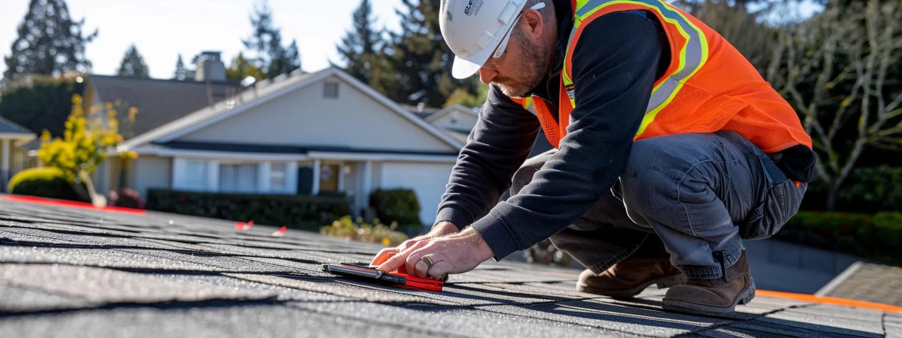 a professional roofing contractor meticulously inspects a textured asphalt roof in a modern urban setting, highlighting the importance of early detection of maintenance issues under soft overhead lighting. a professional roofing contractor meticulously inspects a textured asphalt roof in a modern urban setting, highlighting the importance of early detection of maintenance issues under soft overhead lighting.