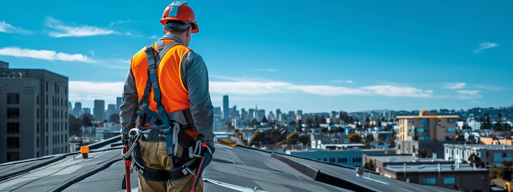 a professional roofing inspector, equipped with safety gear, intently studies a residential rooftop from an elevated urban perspective, showcasing a clear blue sky that reflects the promise of a thorough, worry-free assessment. a professional roofing inspector, equipped with safety gear, intently studies a residential rooftop from an elevated urban perspective, showcasing a clear blue sky that reflects the promise of a thorough, worry-free assessment.