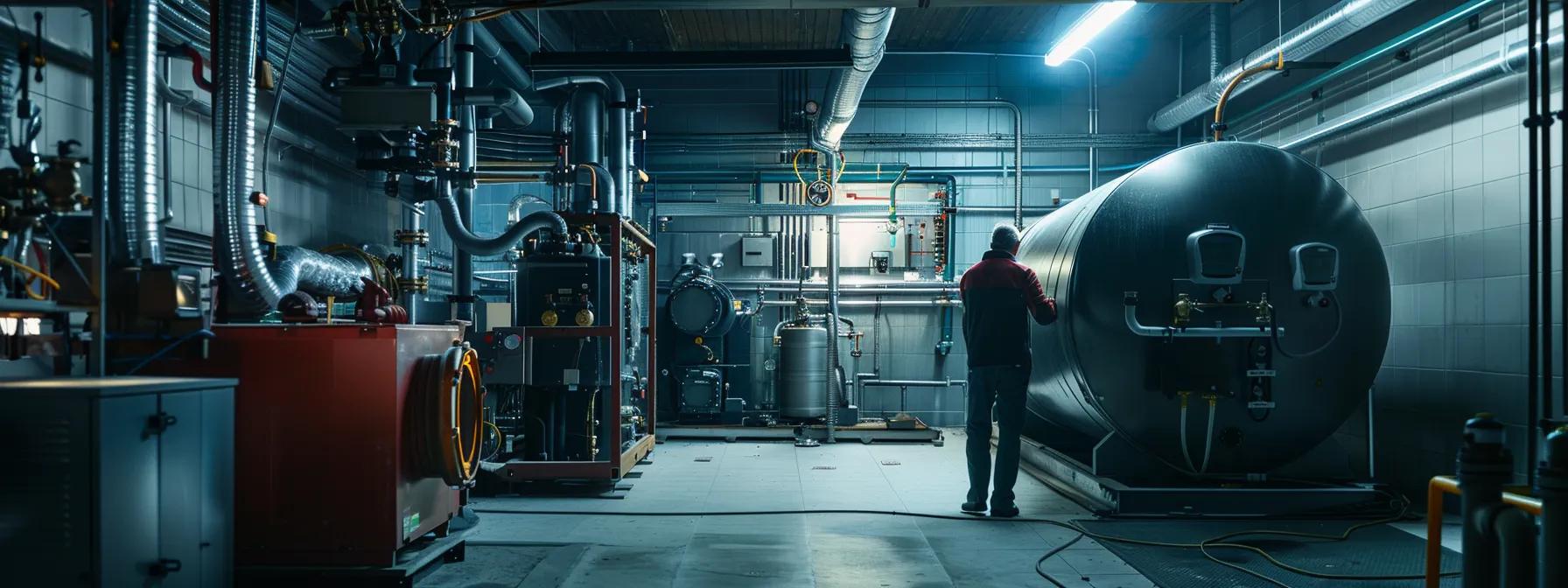 a professional technician in a well-lit, modern boiler room meticulously examines and services a large, sleek boiler, surrounded by high-quality components and tools, highlighting the importance of expert maintenance for optimal performance and longevity. a professional technician in a well-lit, modern boiler room meticulously examines and services a large, sleek boiler, surrounded by high-quality components and tools, highlighting the importance of expert maintenance for optimal performance and longevity.