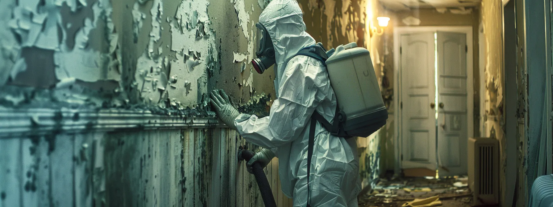 a professional technician in full protective gear removes mold from a wall using specialized hepa vacuums in a new jersey home. a professional technician in full protective gear removes mold from a wall using specialized hepa vacuums in a new jersey home.