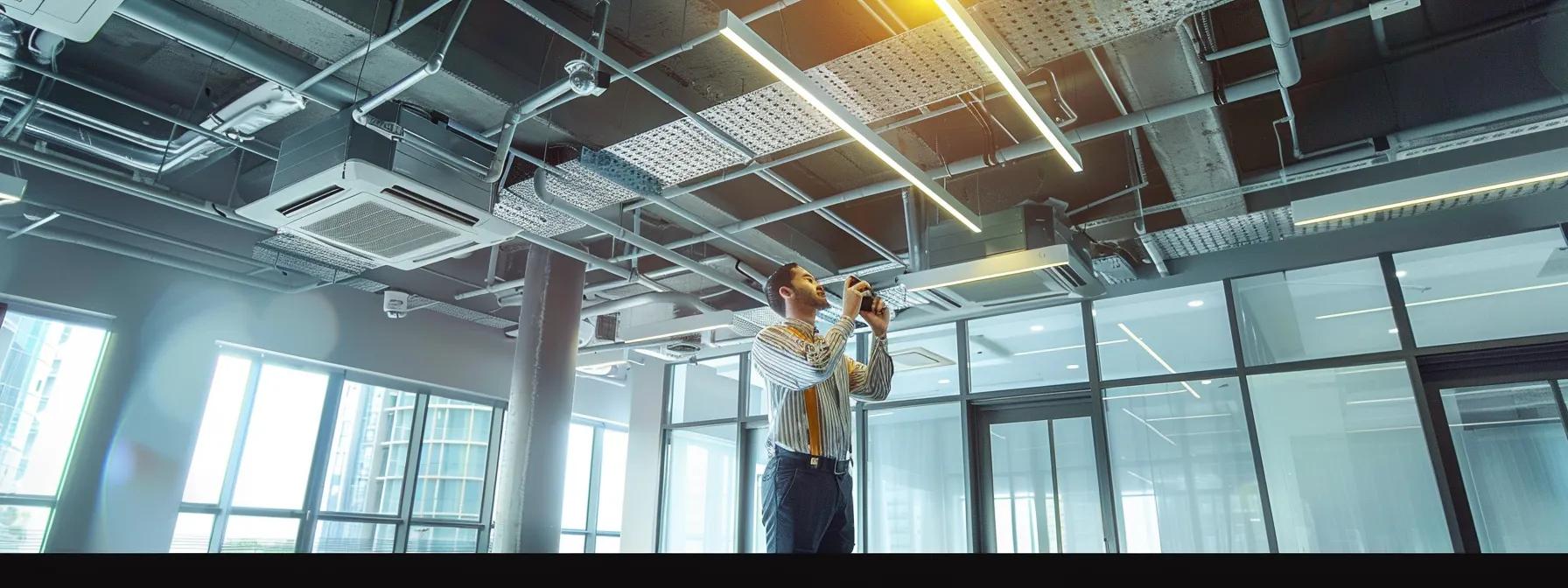 a professional technician inspects a modern hvac system in a sleek, contemporary office environment, utilizing high-resolution cameras and specialized cleaning equipment to ensure optimal air quality.