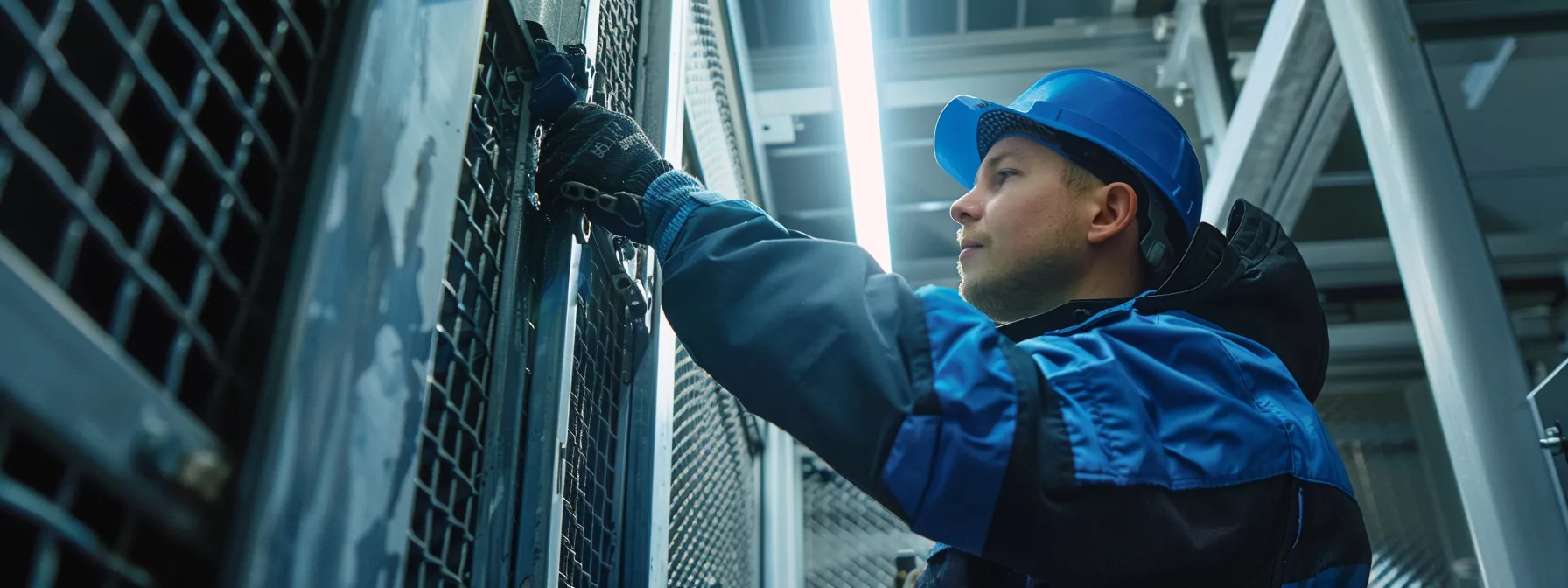 a professional technician inspecting an electric steel gate, applying a protective coating to prevent rust and wear. a professional technician inspecting an electric steel gate, applying a protective coating to prevent rust and wear.
