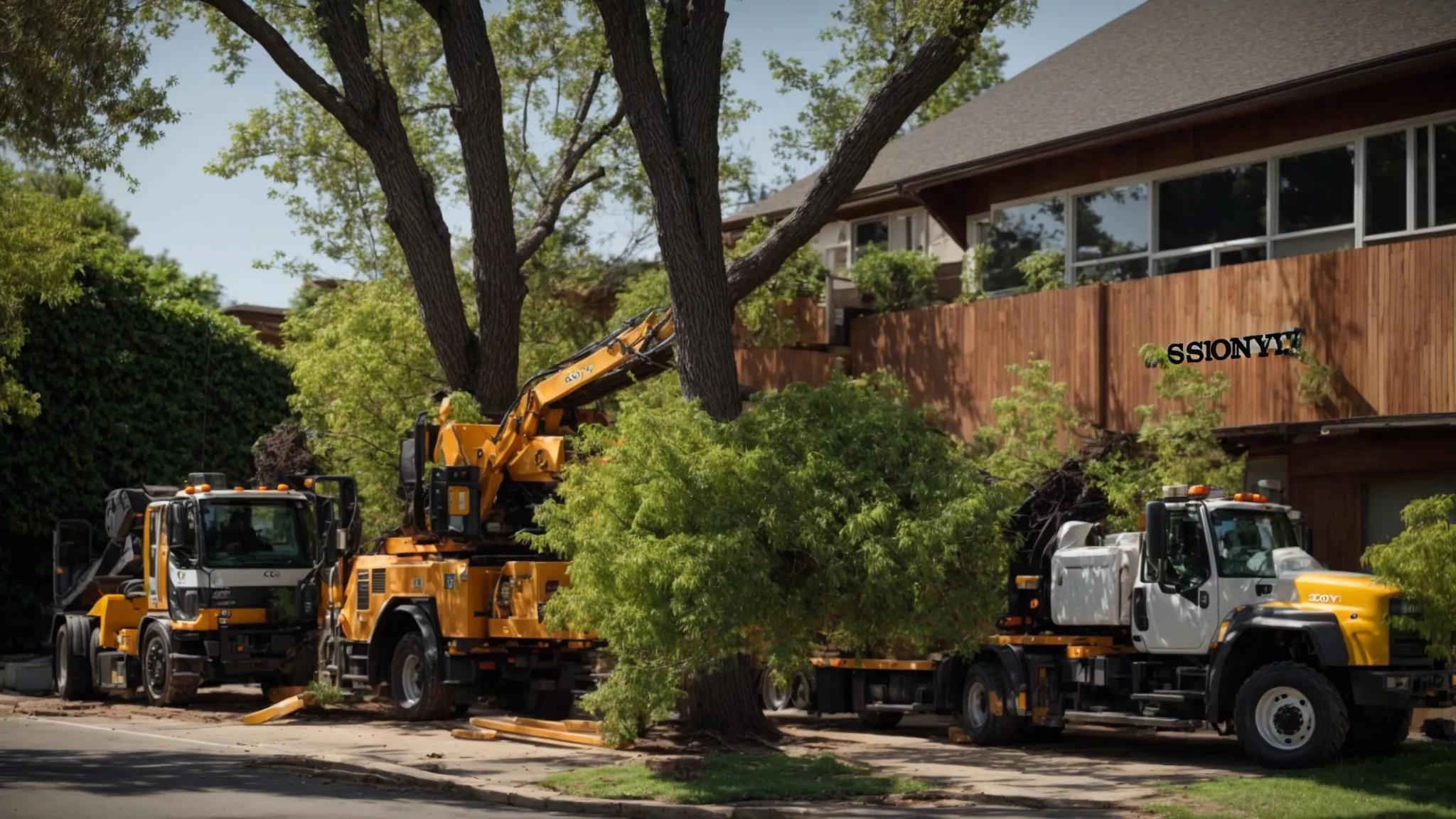a professional tree removal crew efficiently operates heavy-duty equipment in an urban residential setting, surrounded by safety signage and marked hazard zones, showcasing their expertise and commitment to safety standards during a tree removal operation. a professional tree removal crew efficiently operates heavy-duty equipment in an urban residential setting, surrounded by safety signage and marked hazard zones, showcasing their expertise and commitment to safety standards during a tree removal operation.