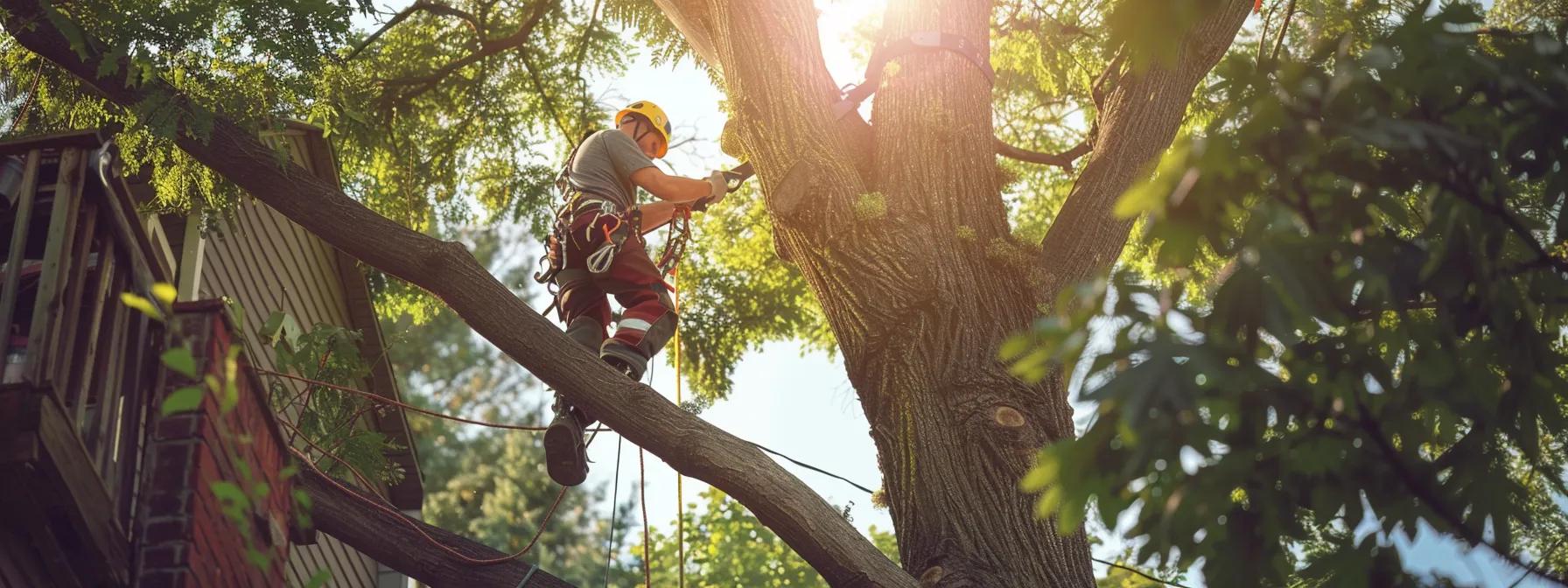 a professional tree service crew is intently working with specialized equipment on a large tree in an urban backyard, showcasing various tools while ensuring the tree's health and safety in a meticulously arranged outdoor setting.