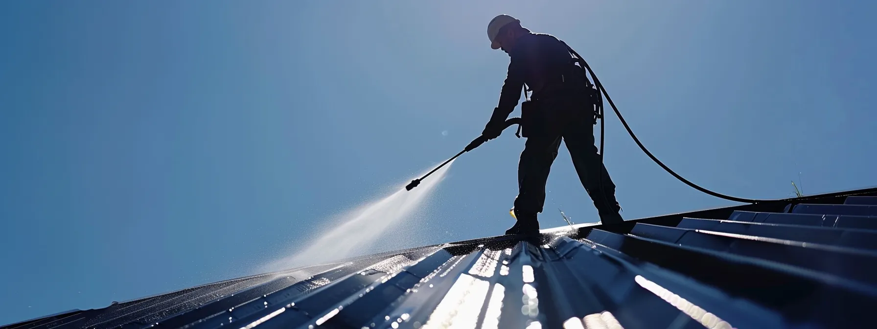 a professional using a power washer to clean a shiny metal roof under a clear blue sky. a professional using a power washer to clean a shiny metal roof under a clear blue sky.