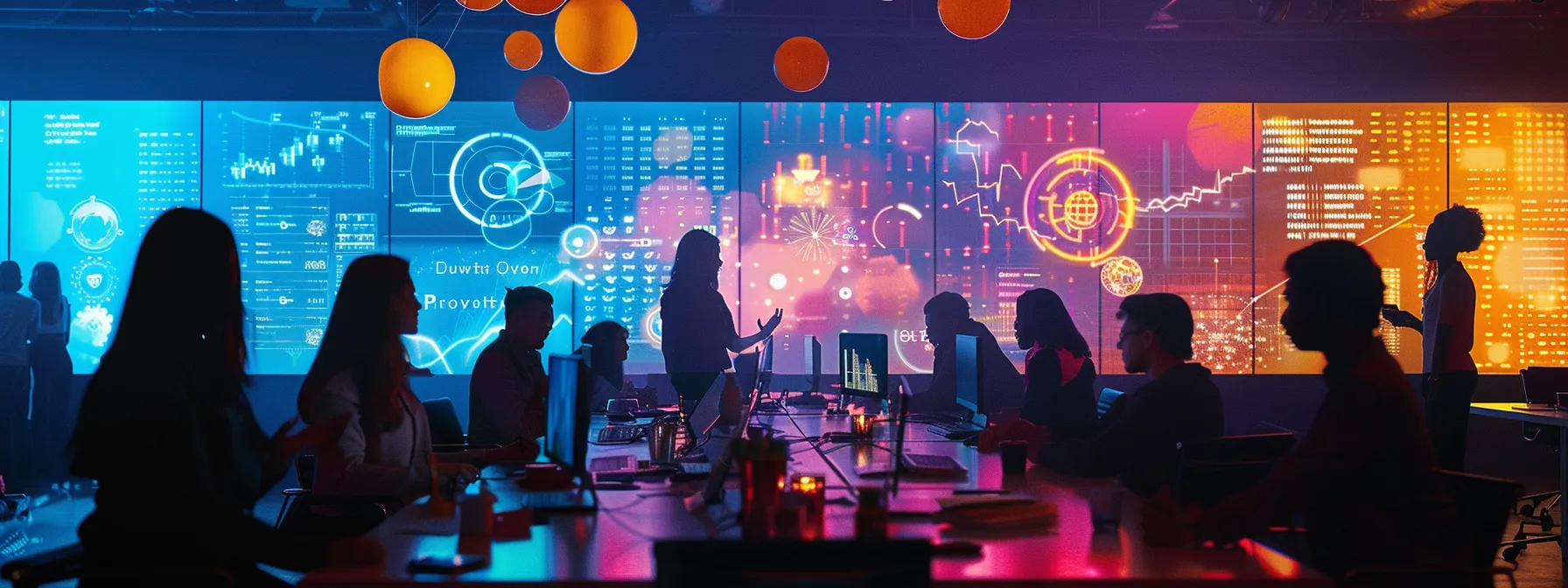 a professional workspace featuring a diverse group of colleagues engaged in a dynamic disc profiling workshop, with vibrant charts and graphs displayed on screens, highlighting the theme of unlocking success through understanding personality dynamics.