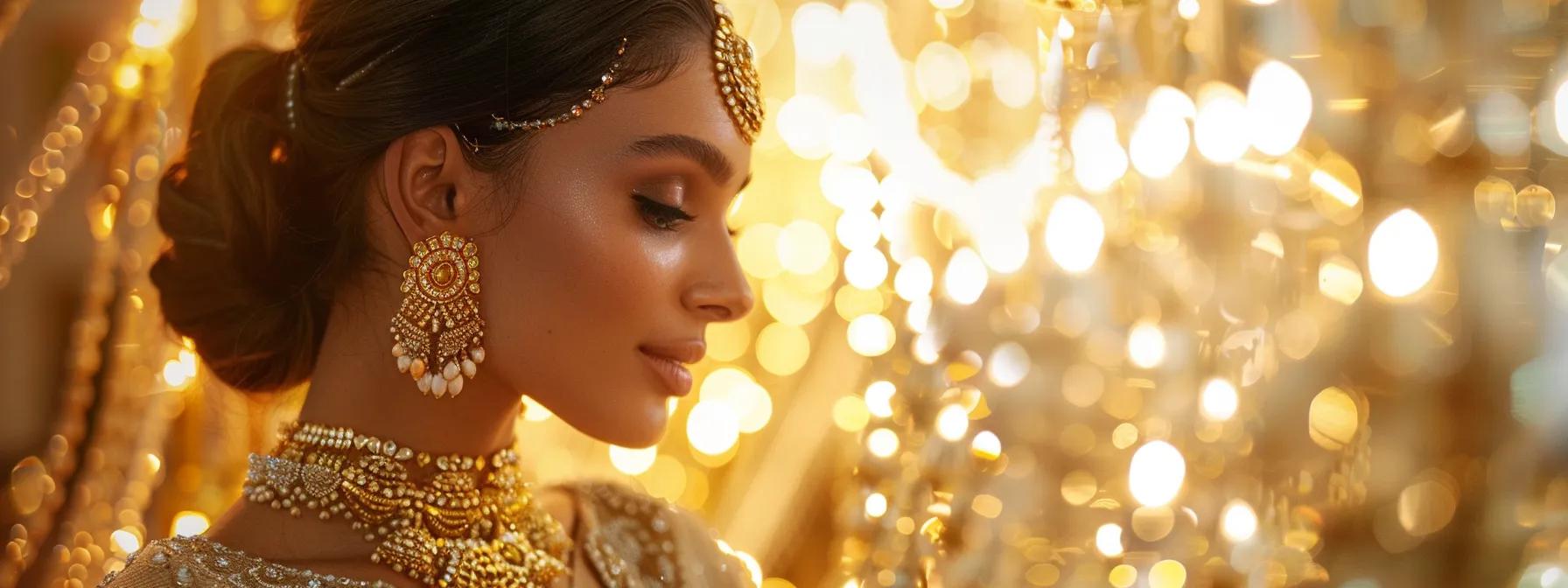 a radiant bride adorned in a stunning fusion of cultural-inspired jewelry, set against an elegant, softly lit bridal boutique showcasing an array of intricate accessories. a radiant bride adorned in a stunning fusion of cultural-inspired jewelry, set against an elegant, softly lit bridal boutique showcasing an array of intricate accessories.