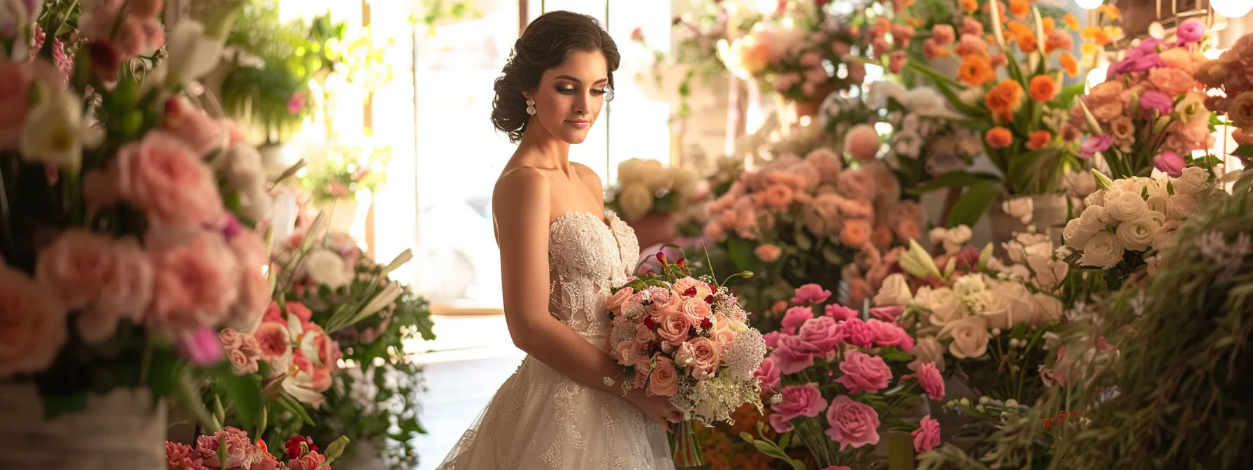 a radiant bride stands elegantly in a tastefully designed indoor floral boutique, surrounded by lush, vibrant blooms and soft, romantic lighting that accentuates the beauty of her exquisite floral bouquet.