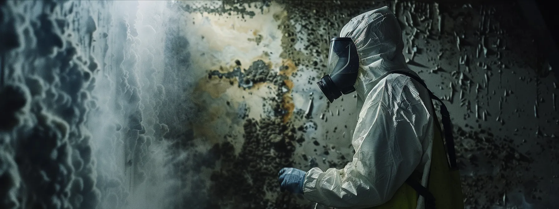 a realistic image captures a technician in protective gear examining a mold-infested wall, with visible spores and a haze of dust, emphasizing the urgency of the mold removal process in a dimly lit environment. a realistic image captures a technician in protective gear examining a mold-infested wall, with visible spores and a haze of dust, emphasizing the urgency of the mold removal process in a dimly lit environment.
