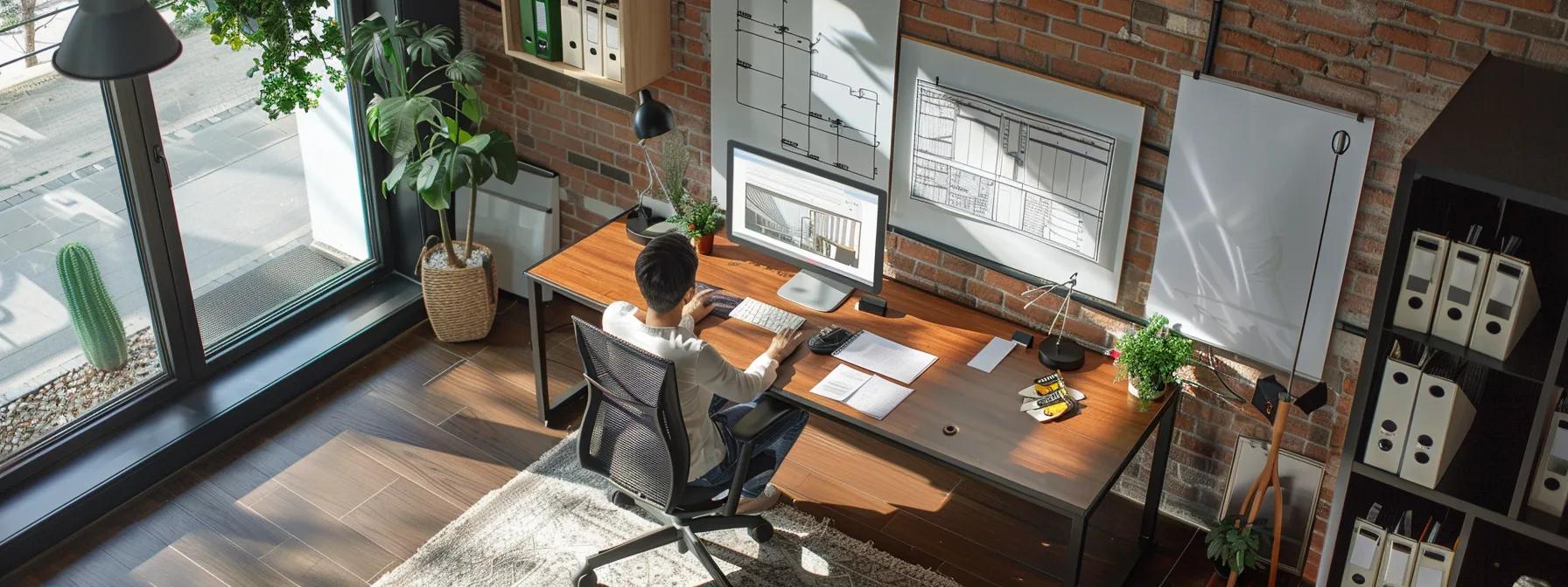 a realistic office setting showcases a focused professional reviewing detailed solar panel installation schematics and permit documents, surrounded by technical binders and a computer displaying architectural plans. a realistic office setting showcases a focused professional reviewing detailed solar panel installation schematics and permit documents, surrounded by technical binders and a computer displaying architectural plans.