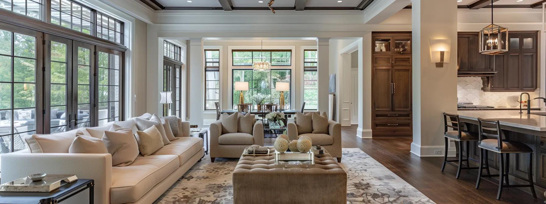 a refined interior of a luxurious johns creek residence showcases custom-made furniture with rich wood finishes and a soft color palette, creating a timeless and elegant atmosphere of warmth and sophistication.