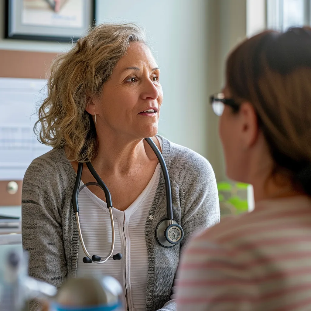 A patient consulting with a respiratory therapist in a medical office, discussing oxygen therapy options.