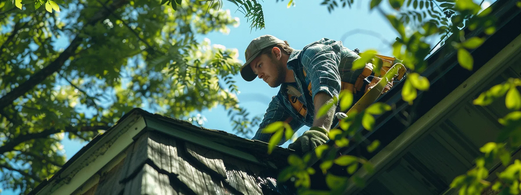 a roofer inspecting a clean gutter, with trimmed tree branches in the background, showcasing preventative measures to protect against future leaks. a roofer inspecting a clean gutter, with trimmed tree branches in the background, showcasing preventative measures to protect against future leaks.