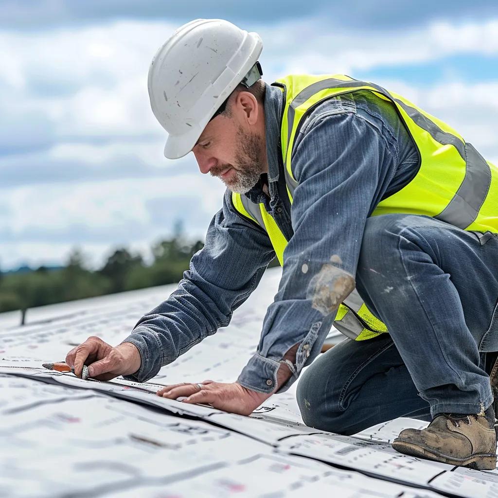 Roofing contractor inspecting a flat roof for installation errors