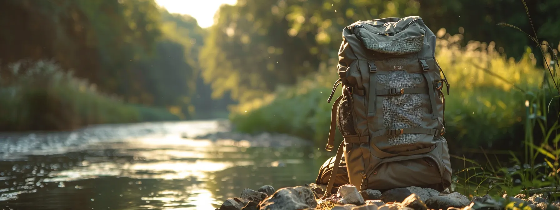 a rugged waterproof fly fishing pack, with adjustable straps and multiple compartments, sits ready for an adventure by the river's edge. a rugged waterproof fly fishing pack, with adjustable straps and multiple compartments, sits ready for an adventure by the river's edge.