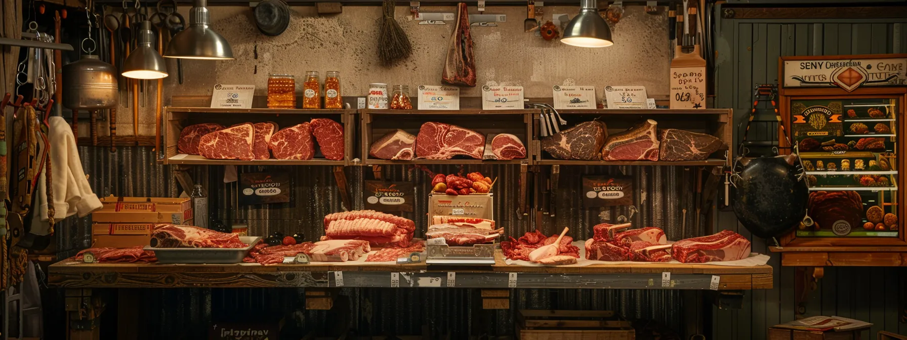 a rustic farm setting showcases an organized butcher's display of various cuts of high-quality beef, highlighting a quarter cow share arrangement with vibrant labels indicating the farm's origin and raising methods. a rustic farm setting showcases an organized butcher's display of various cuts of high-quality beef, highlighting a quarter cow share arrangement with vibrant labels indicating the farm's origin and raising methods.