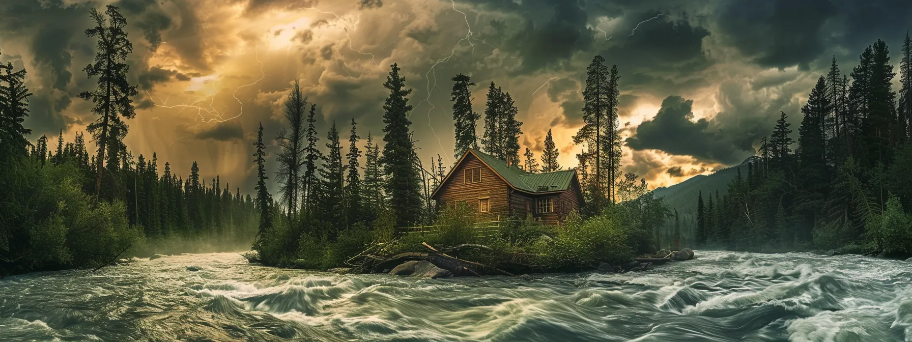 a rustic river cabin nestled between towering trees, surrounded by swirling river waters under a dramatic stormy sky. a rustic river cabin nestled between towering trees, surrounded by swirling river waters under a dramatic stormy sky.