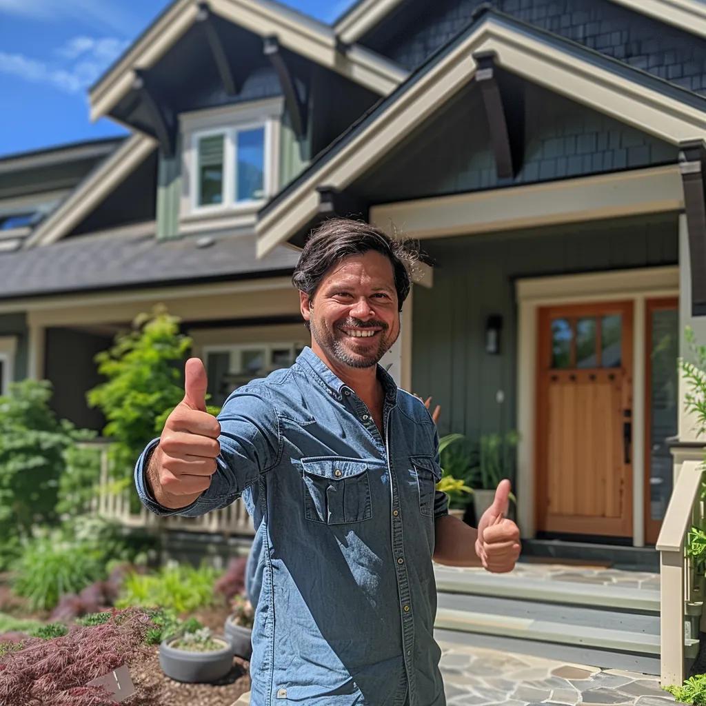 Satisfied homeowner in front of a newly renovated home in Harrow