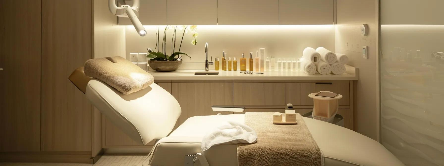 a serene and elegantly appointed spa treatment room, featuring a plush reclining chair and softly illuminated vanity, where a beauty professional demonstrates eyebrow threading aftercare techniques with calming skincare products displayed prominently.