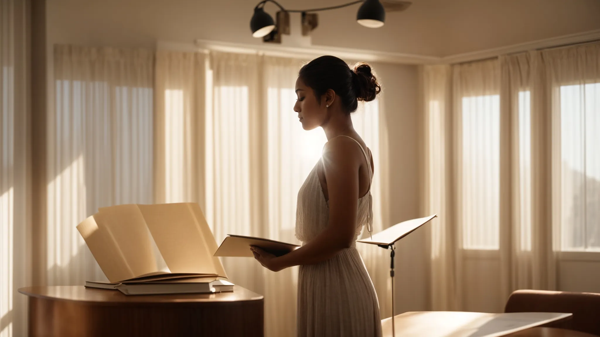 a serene and focused singer stands poised in a sunlit room, embodying perfect posture as they engage with an open book on vocal technique, surrounded by inspiring resources symbolizing the journey of continued learning. a serene and focused singer stands poised in a sunlit room, embodying perfect posture as they engage with an open book on vocal technique, surrounded by inspiring resources symbolizing the journey of continued learning.