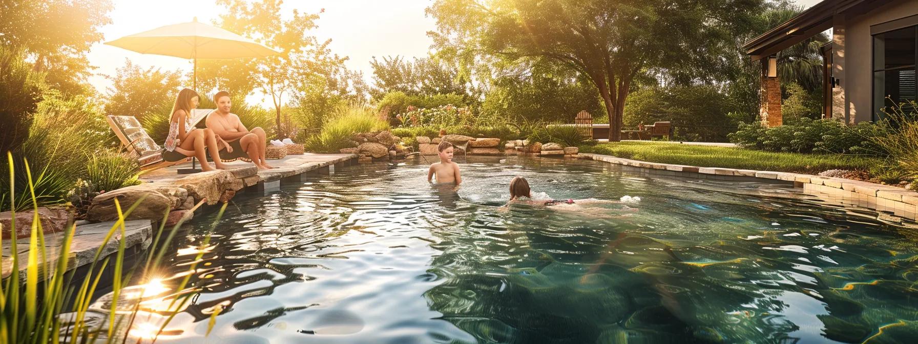 a serene backyard scene features a family enjoying a saltwater pool, with crystal-clear water glistening in the sun, highlighting the inviting atmosphere and promoting user comfort and health benefits. a serene backyard scene features a family enjoying a saltwater pool, with crystal-clear water glistening in the sun, highlighting the inviting atmosphere and promoting user comfort and health benefits.