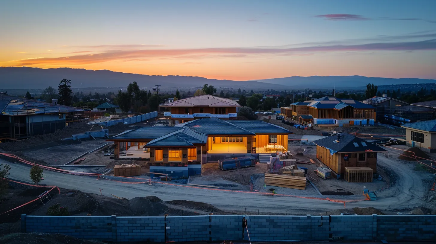 a serene construction site at dusk, with a partially completed custom home bathed in warm golden light, showcasing a gathering of builders and homeowners engaged in open dialogue, symbolizing the power of transparent communication amidst project delays. a serene construction site at dusk, with a partially completed custom home bathed in warm golden light, showcasing a gathering of builders and homeowners engaged in open dialogue, symbolizing the power of transparent communication amidst project delays.