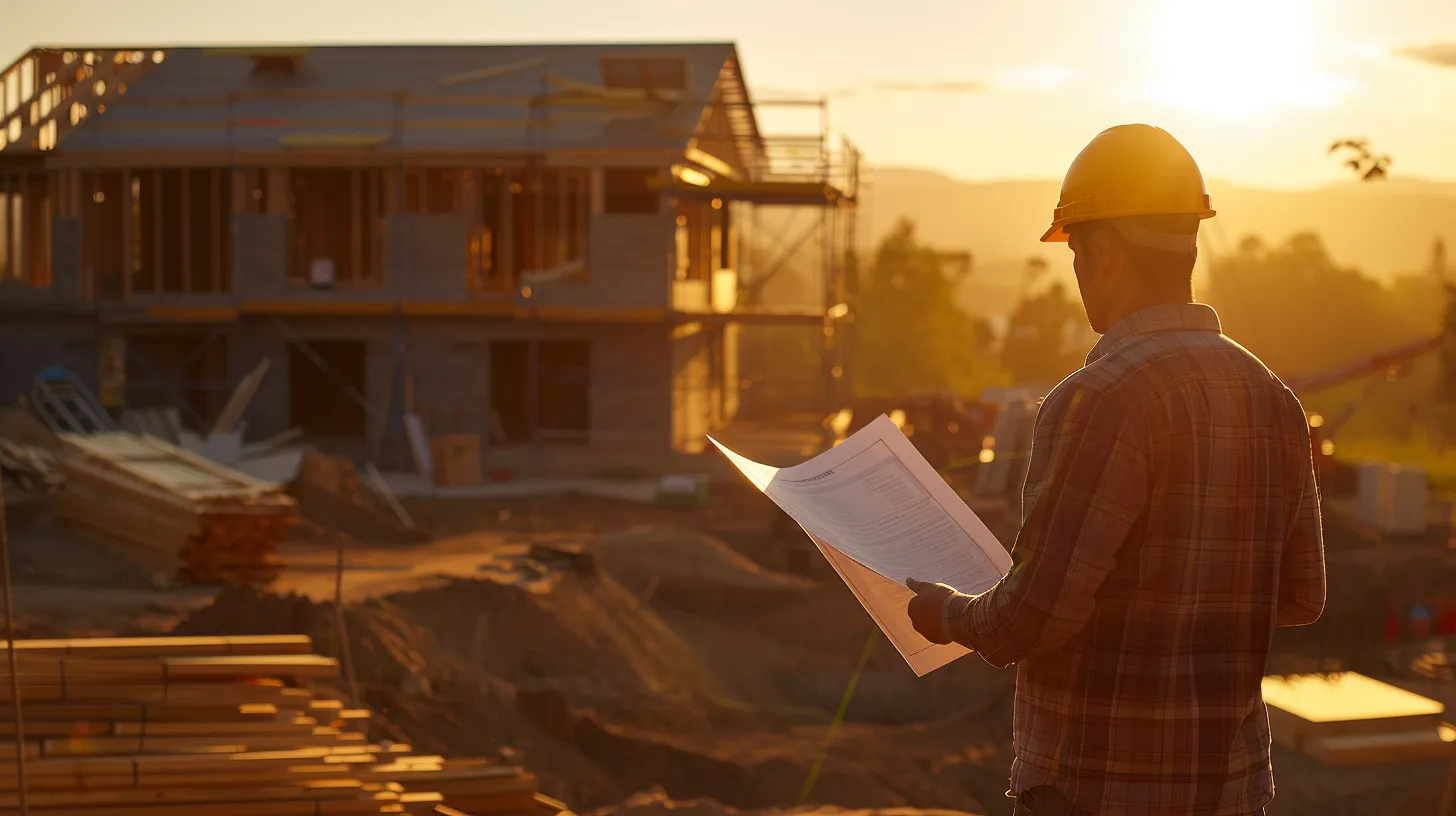 a serene construction site bathed in golden hour light, featuring a diligent builder reviewing clear contract documents next to a partially framed house, symbolizing transparency and collaboration in the home construction process. a serene construction site bathed in golden hour light, featuring a diligent builder reviewing clear contract documents next to a partially framed house, symbolizing transparency and collaboration in the home construction process.