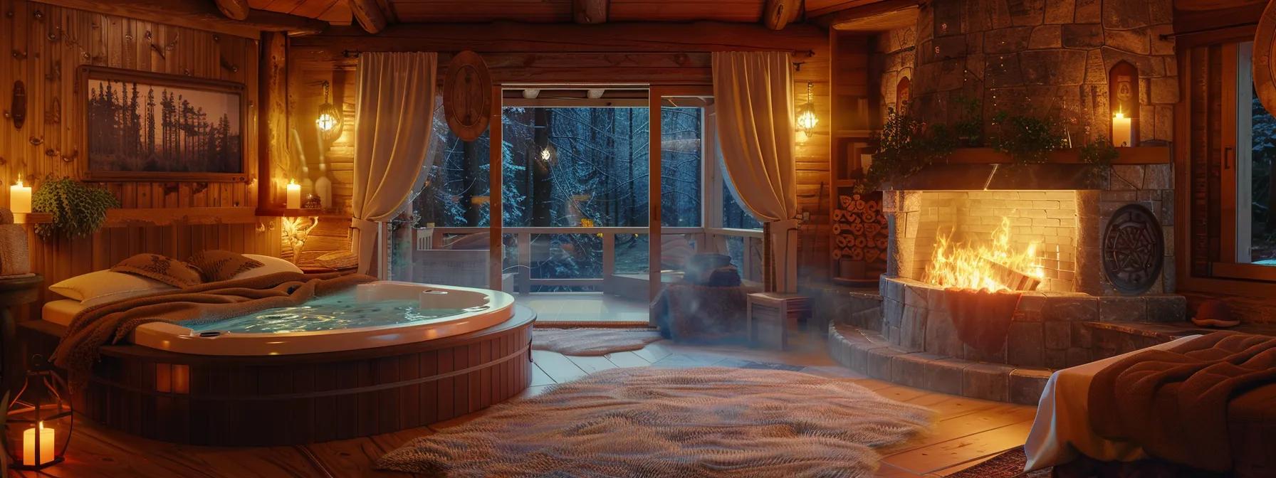 a serene interior view of a cozy lodge, featuring a crackling fireplace and an inviting hot tub, illuminated by warm lighting, creating an intimate and romantic atmosphere perfect for a relaxing escape.