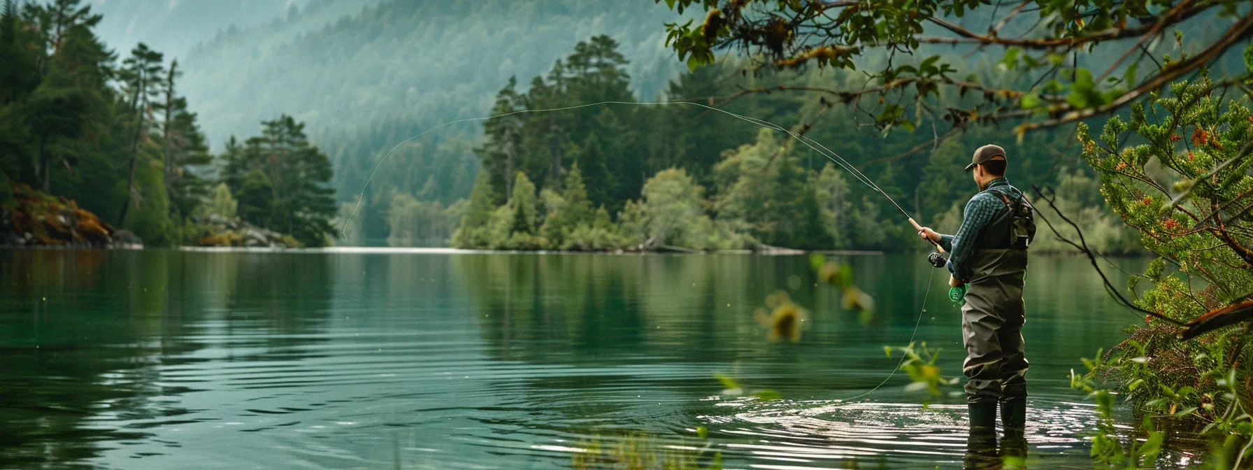 a serene lake surrounded by lush green trees, with a fly fisherman carefully selecting the perfect fly line for the calm water conditions. a serene lake surrounded by lush green trees, with a fly fisherman carefully selecting the perfect fly line for the calm water conditions.