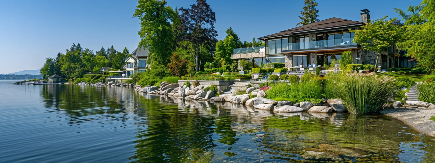 a serene lake view with a charming waterfront property nestled among lush greenery under a clear blue sky, embodying the idyllic setting for a dream home in lake country bc. a serene lake view with a charming waterfront property nestled among lush greenery under a clear blue sky, embodying the idyllic setting for a dream home in lake country bc.