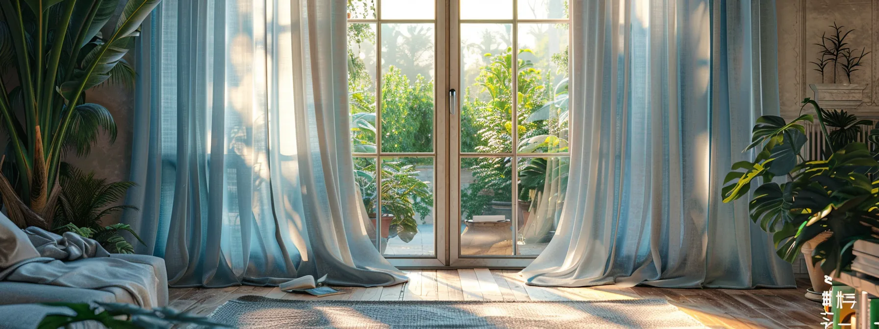 a serene living room adorned with soft blue linen curtains gently billowing in the breeze, framing a large window overlooking a lush garden. a serene living room adorned with soft blue linen curtains gently billowing in the breeze, framing a large window overlooking a lush garden.