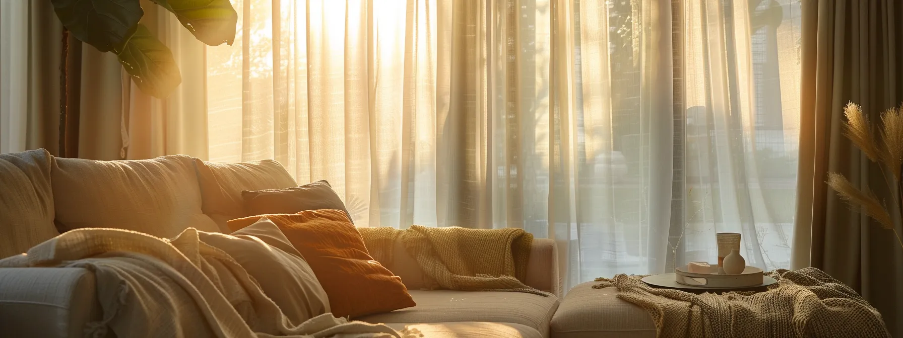a serene living room illuminated by natural light features linen curtains with intricate global patterns, incorporating minimalist design elements in neutral tones for a sophisticated, yet cozy atmosphere. a serene living room illuminated by natural light features linen curtains with intricate global patterns, incorporating minimalist design elements in neutral tones for a sophisticated, yet cozy atmosphere.