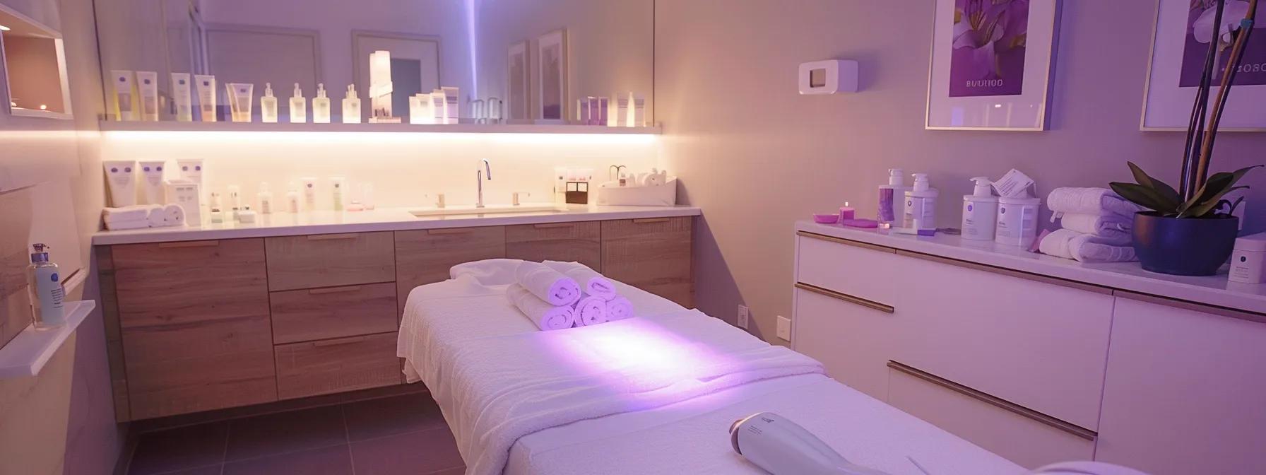 a serene, modern spa treatment room showcases soft pastel hues and calming ambient lighting, featuring a plush treatment table with an array of gentle skincare products elegantly arranged, emphasizing the importance of proper aftercare after brazilian waxing to avoid irritation.