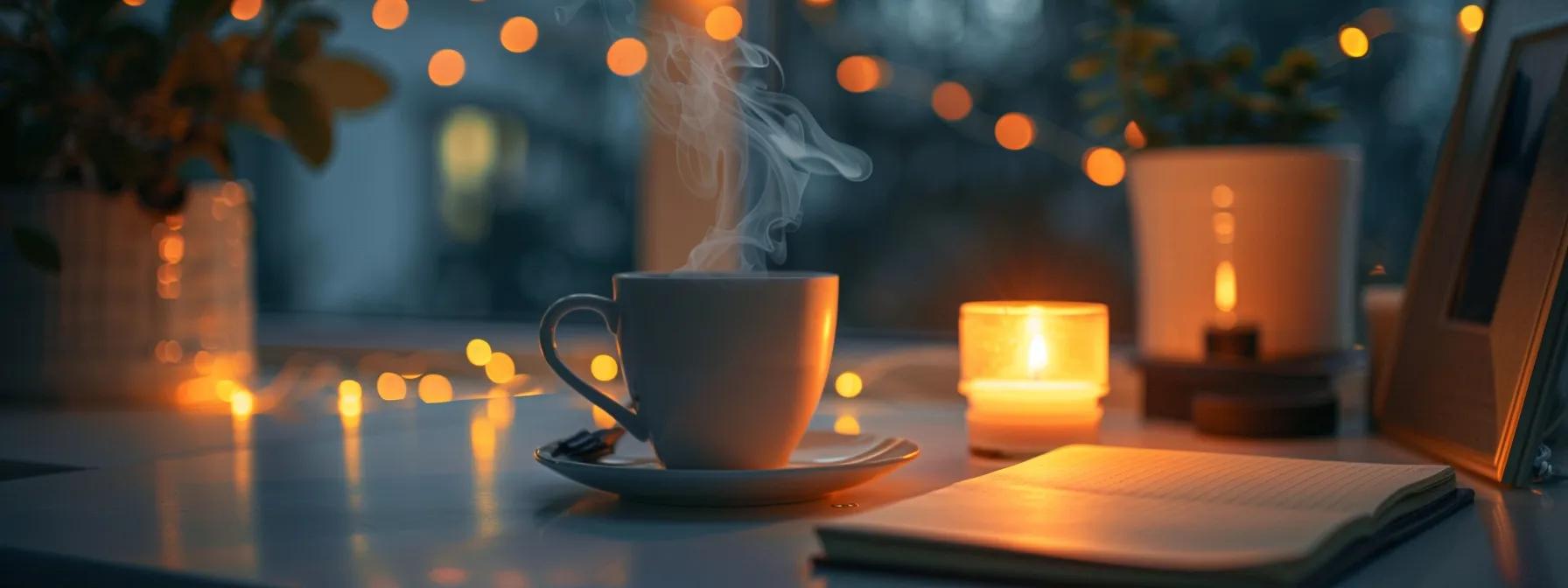 a serene office space, devoid of screens and digital distractions, features a minimalist desk with a soft candle glow illuminating a notebook and a steaming cup of herbal tea, symbolizing a focused and tranquil digital detox environment. a serene office space, devoid of screens and digital distractions, features a minimalist desk with a soft candle glow illuminating a notebook and a steaming cup of herbal tea, symbolizing a focused and tranquil digital detox environment.