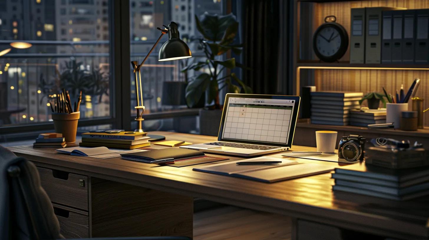 a serene office workspace showcases a meticulously organized desk with a balanced itinerary planner, a clock indicating scheduled time blocks, and a laptop open to a vibrant calendar, all under warm, inviting lighting that emphasizes productivity and tranquility.