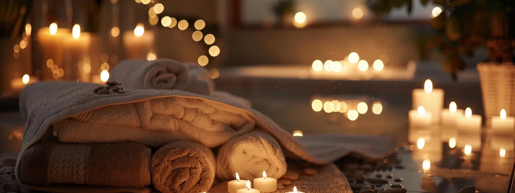 a serene spa setting featuring an inviting, bubbling foot spa, surrounded by soft ambient lighting and plush towels, evoking a sense of luxury and relaxation for health and wellness. a serene spa setting featuring an inviting, bubbling foot spa, surrounded by soft ambient lighting and plush towels, evoking a sense of luxury and relaxation for health and wellness.