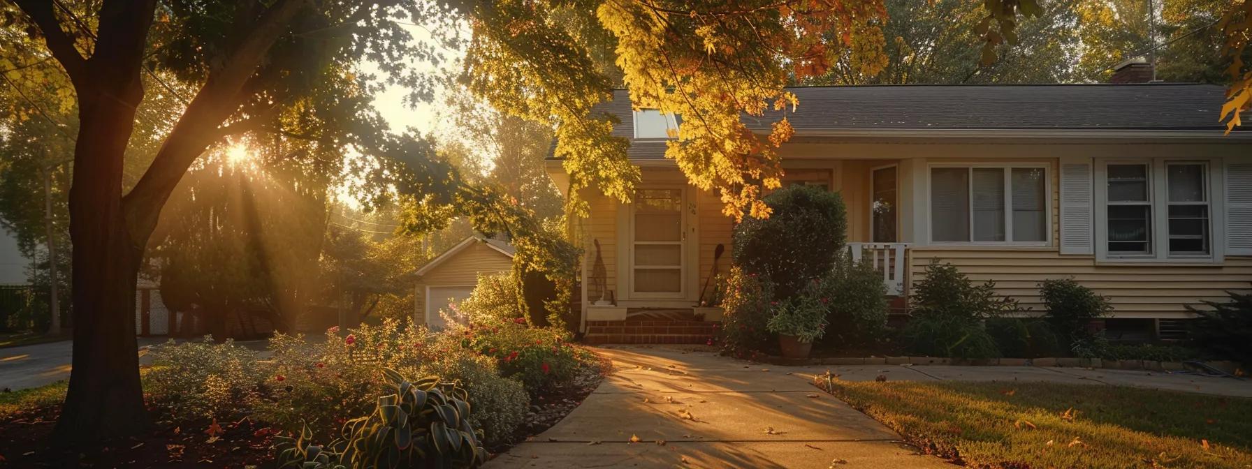 a serene suburban home in fort mill, illuminated by golden afternoon light, showcases a freshly restored exterior, reflecting the successful resolution of past water damage with vibrant landscaping in the foreground.