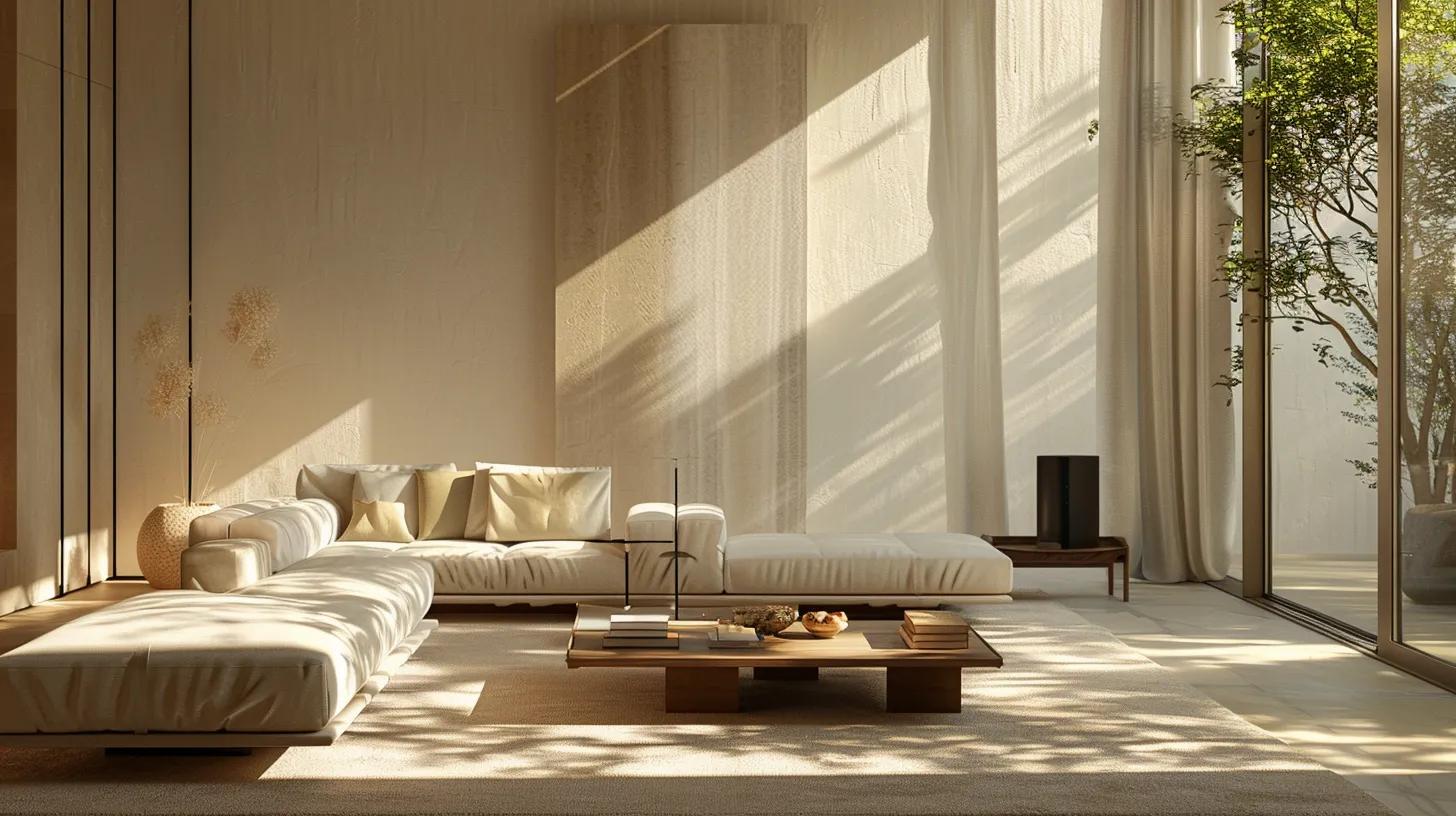 a serene, sunlit minimalist living space showcases neatly arranged furniture and clear surfaces, embodying the calming effects of cleanliness and order while promoting mental clarity and focus.