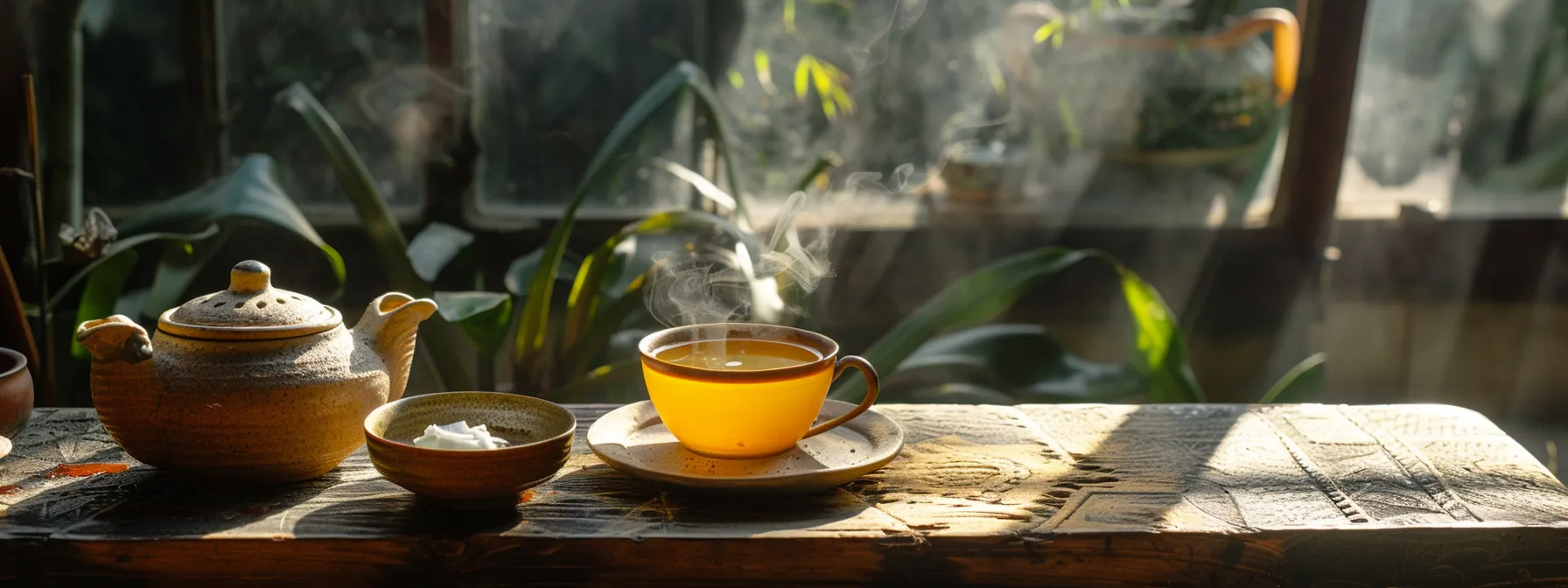 a serene tea setup showcases a steaming cup of golden milk alongside a vibrant rooibos tea, accented by natural ingredients like creamy coconut milk and a drizzle of maple syrup, evoking a sense of warmth and comfort in a sunlit setting.