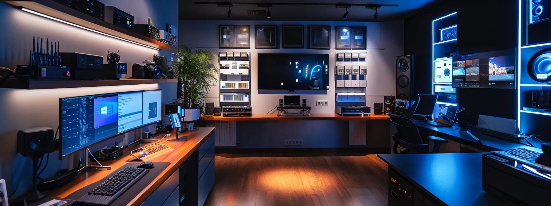 setting the scene for implementing integration solutions in a modern smart home with neatly arranged devices, a sleek home network setup, and a centralized lighting control system. setting the scene for implementing integration solutions in a modern smart home with neatly arranged devices, a sleek home network setup, and a centralized lighting control system.