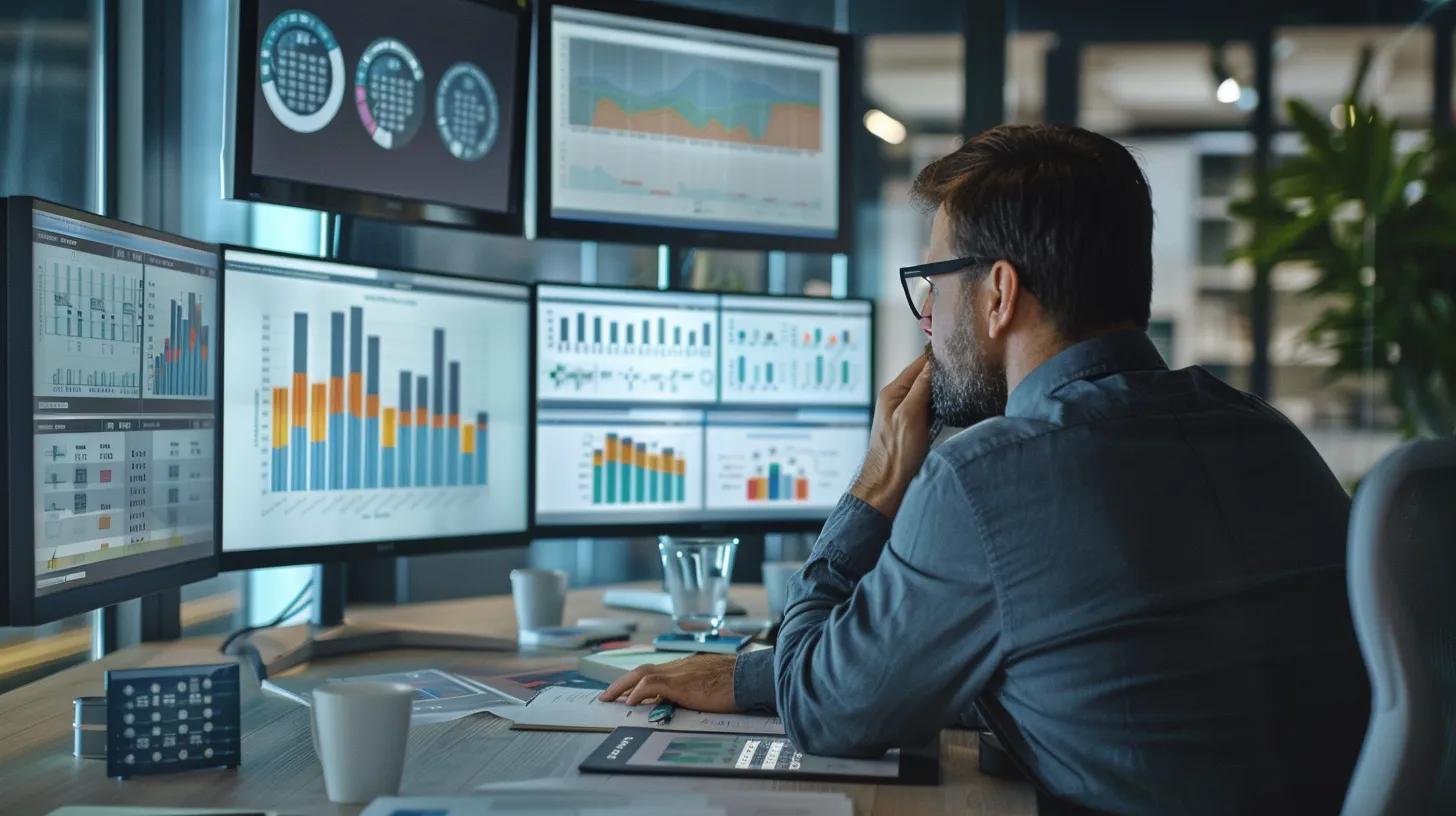 a sharp, modern office environment showcases a confident professional analyzing various brochures and digital screens displaying financial charts and data on chit fund providers, emphasizing informed decision-making.